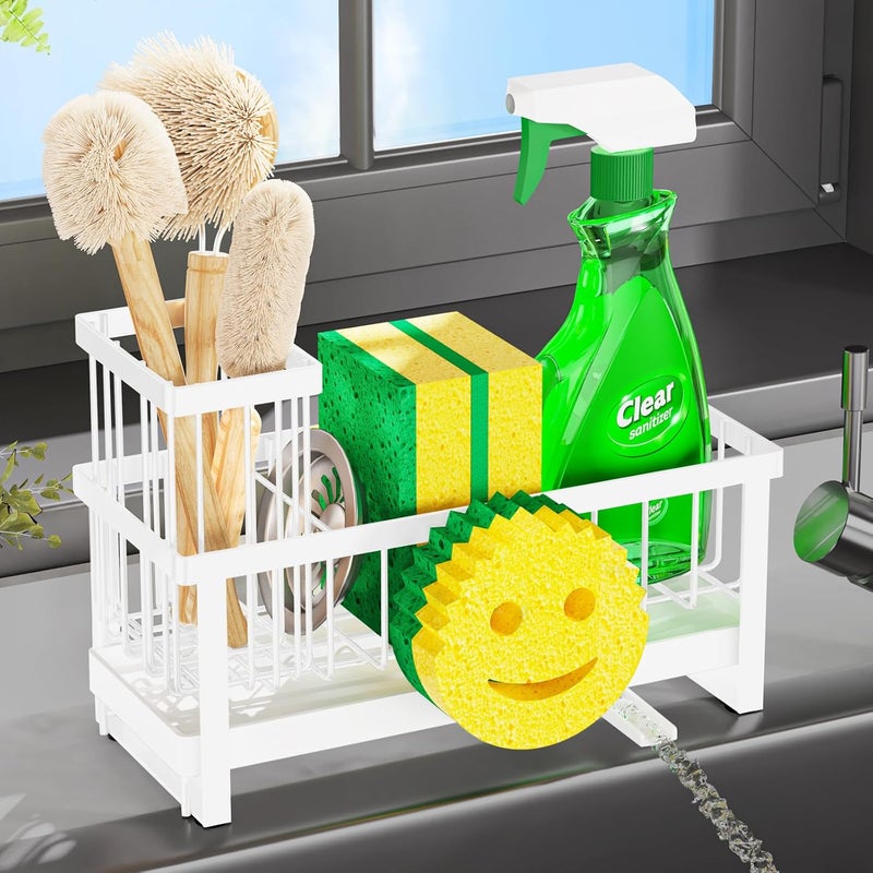 Taugast Sponge Holder for Kitchen Sink,Sink Caddy with Removable Dish Brush Holder,Self-Draining Kitchen Countertop Organizers and Storage Essentials,Soap Dispenser Organize and Home Decor-White - Image 1